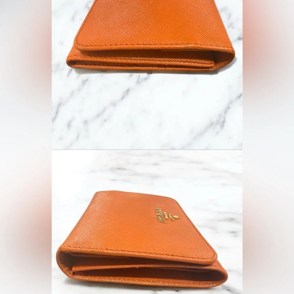 PRADA Saffiano Leather Bifold Wallet Orange Gold Logo Designer Authentic Compact - Picture 5 of 11